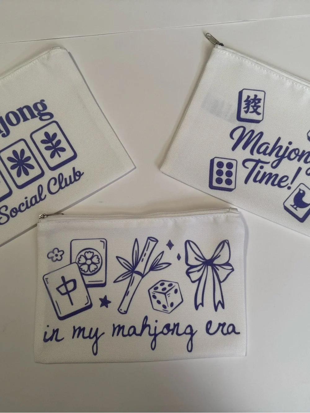 Three (3)White Mahjong Print Pouches 9 in x 6 in